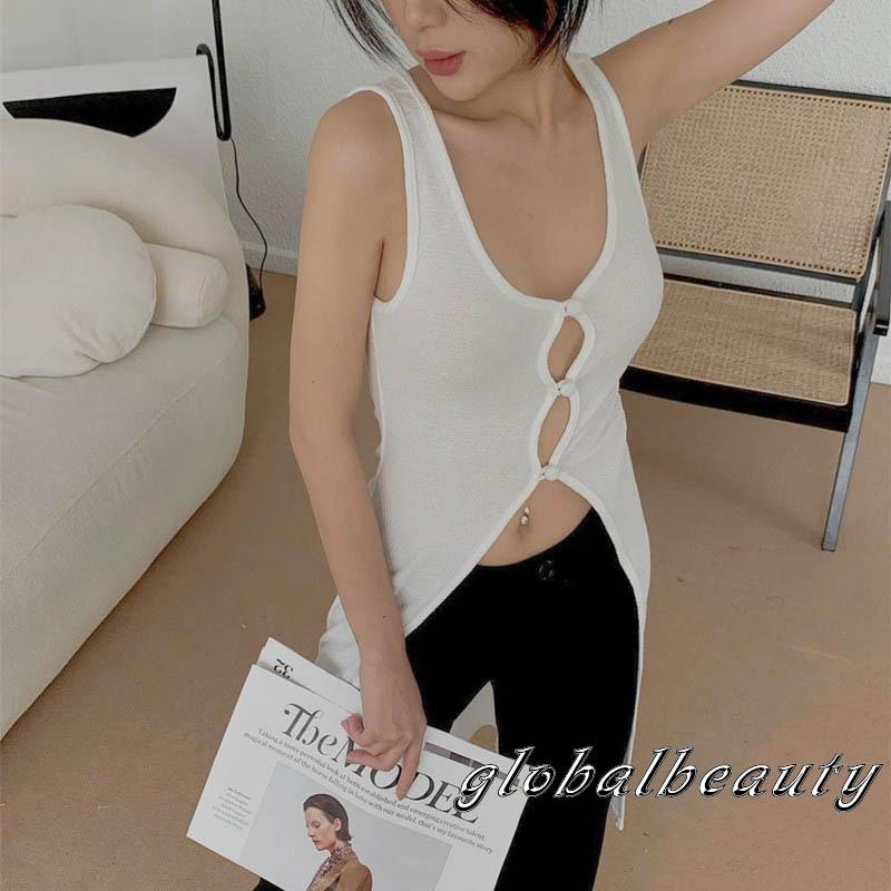Gb-áo Ba Lỗ Mỏng Dài Vừa Vặn Xẻ Tà Trước Không Tay Cổ Chữ U Màu Trơn Mùa Hè Cho Nữ