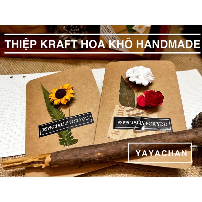 Thiệp kraft hoa khô trang trí ngẫu nhiên vintage