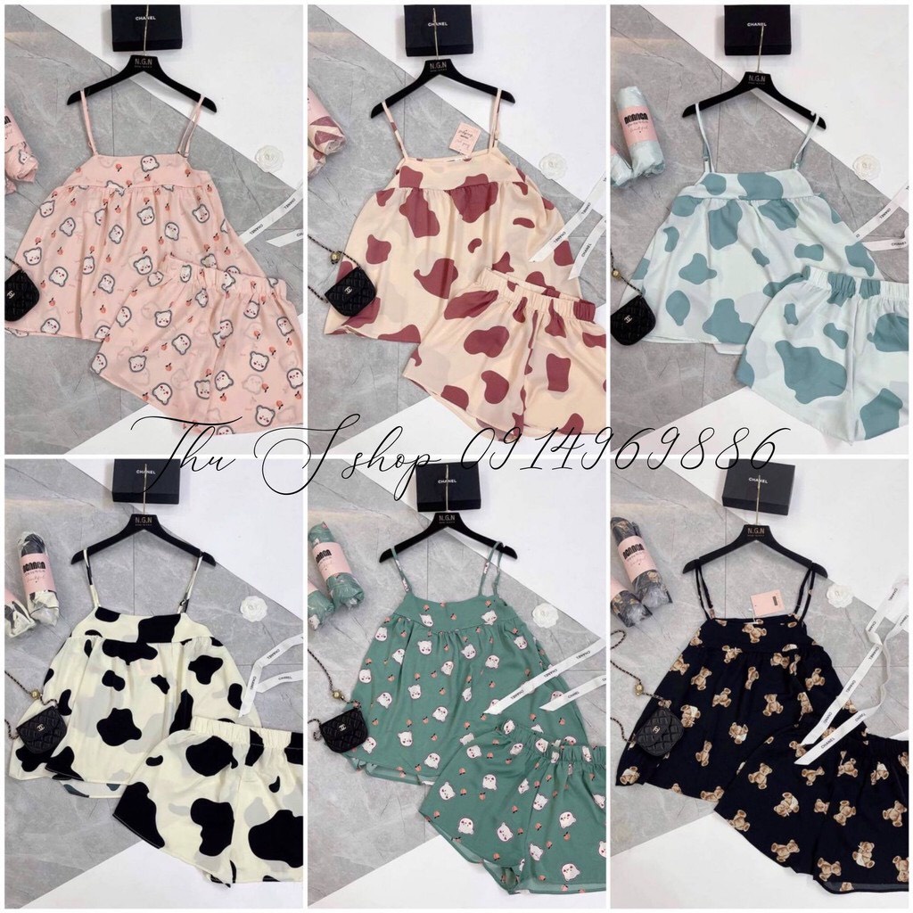 Set Pizama, bộ mặc nhà áo hai dây quần đùi siêu xinh