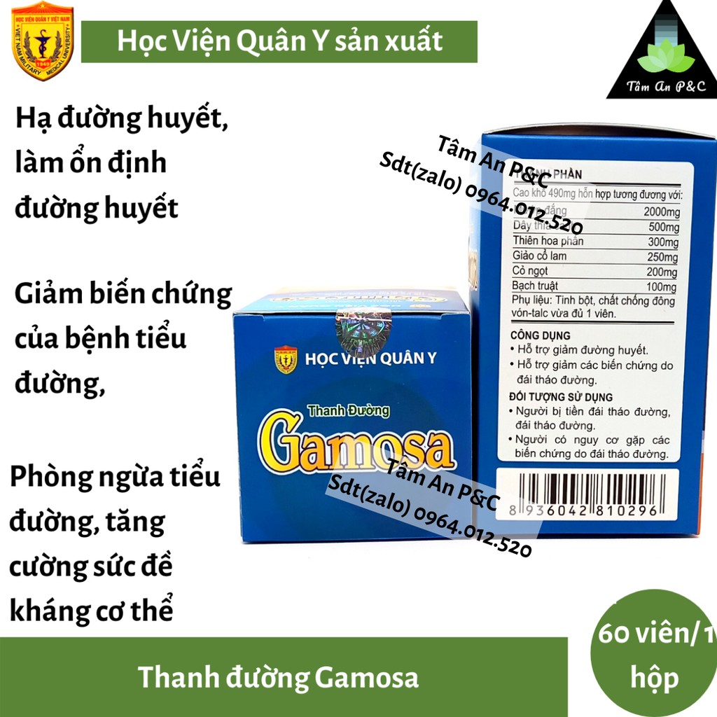 Thanh đường Gamosa Học Viện Quân Y (hộp 60 viên)- Dành cho người tiểu đường và phòng ngừa tiểu đường-CHÍNH HÃNG HVQY