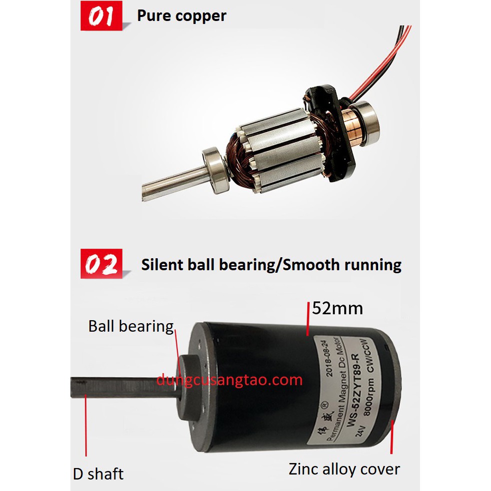 Motor 24v trục 8mm 8000 vòng/phút / Động cơ 24vdc 8000rpm / Motor cốt 8mm 52 ZYT 89-R