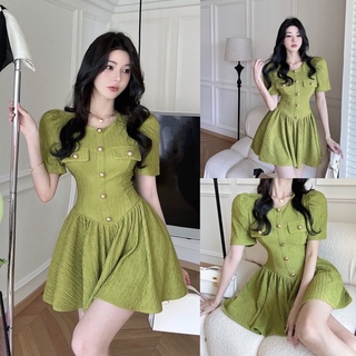 Váy thun gấm cổ tròn hàng cúc dáng xoè siêu xinh