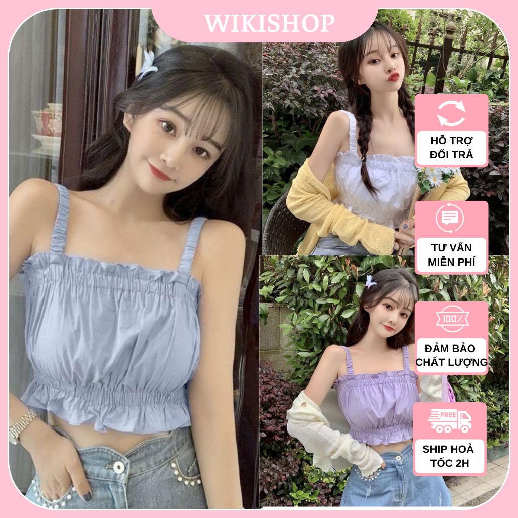 Áo 2 dây hở lưng, áo croptop nữ hai dây bản to chất đũi nhún bèo xanh trắng tím freesize đi chơi sexy hàn quốc A00117