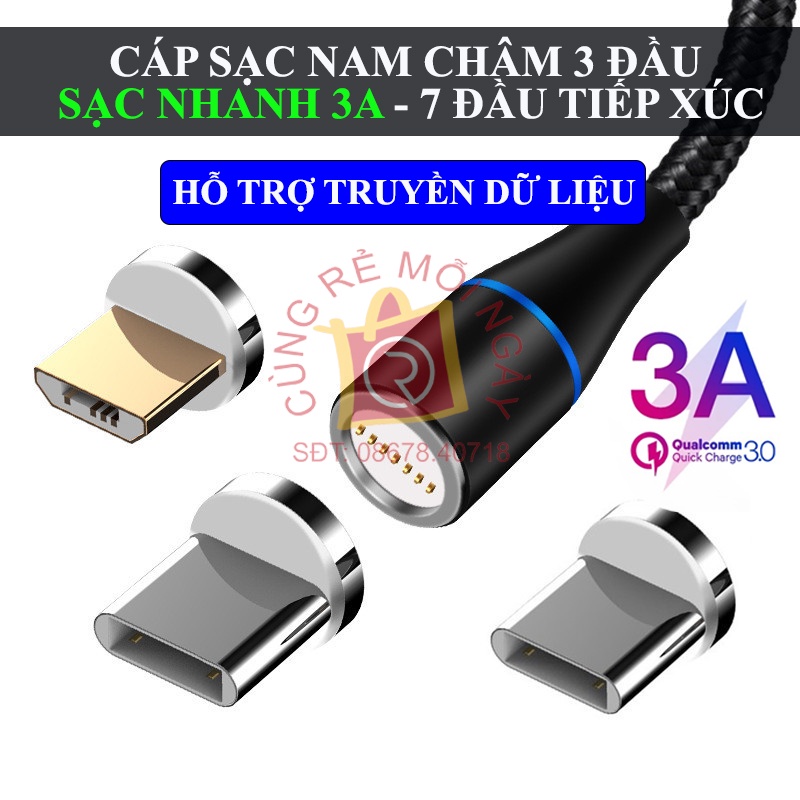Dây cáp sạc nam châm ip,cáp đầu sạc nam châm Type C,Micro USB,Sạc nhanh 3A,đầu 7 pin hỗ trợ truyền dữ liệu