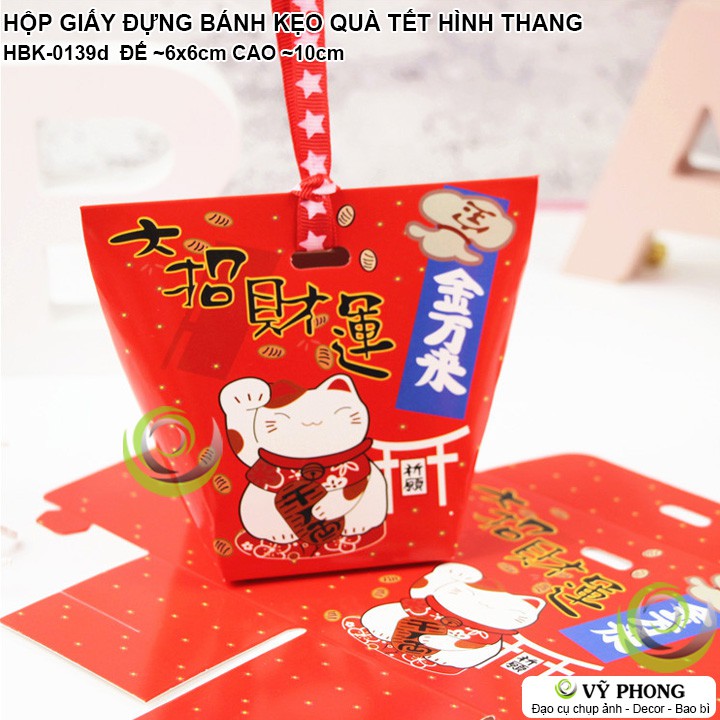 SET 5 HỘP GIẤY HÌNH THANG IN HÌNH MÈO CHIÊU TÀI ĐỰNG BÁNH KẸO QUÀ TẶNG TẾT NĂM MỚI, MỪNG TÂN XUÂN NEW YEAR HBK-0139