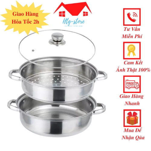 Nồi hấp inox 2 tầng đa năng cao cấp siêu tiện lợi size 28cm dùng được cả bếp từ bếp gas