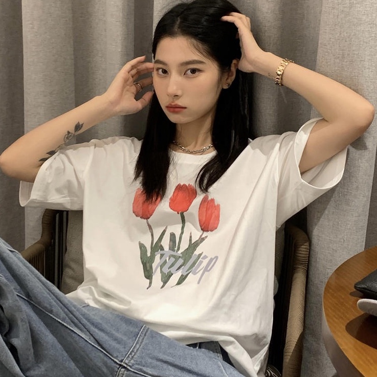 Áo thun Peppermint 50157 cổ tròn in hình hoa tulip thời trang cho nữ