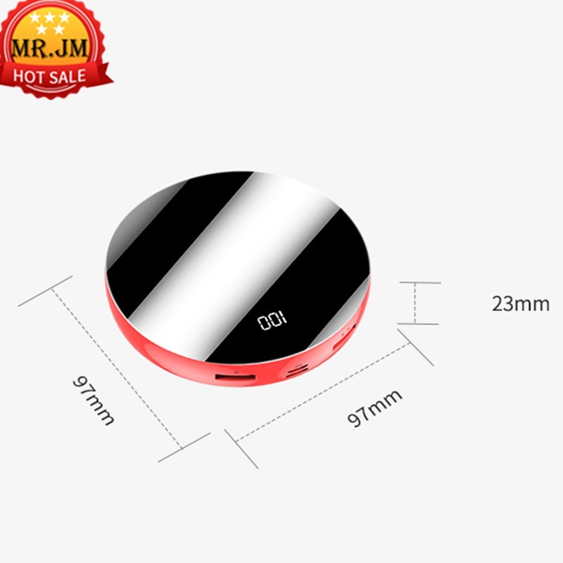 [ SẠC GƯƠNG ] Pin Sạc Dự phòng 10000mAh Có đèn Pin Thiết kế hình tròn Mặt bóng kính 2 Output 2 InPut