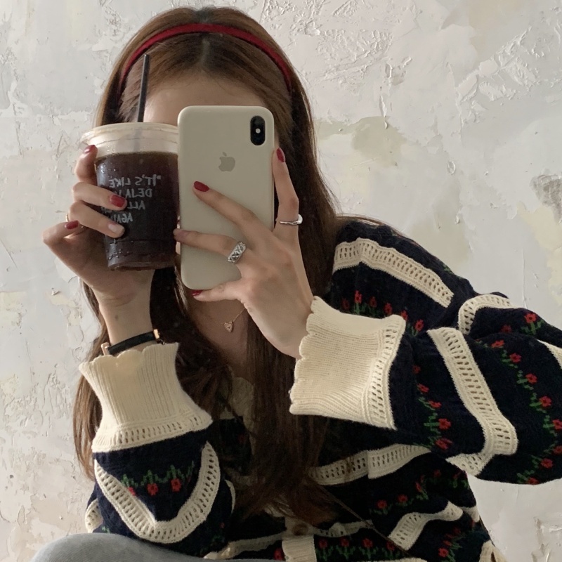 【ZHELIHANGFEI】Áo Cardigan Dệt Kim Tay Dài Cổ Chữ V Lưng Cao In Hoa Xinh Xắn