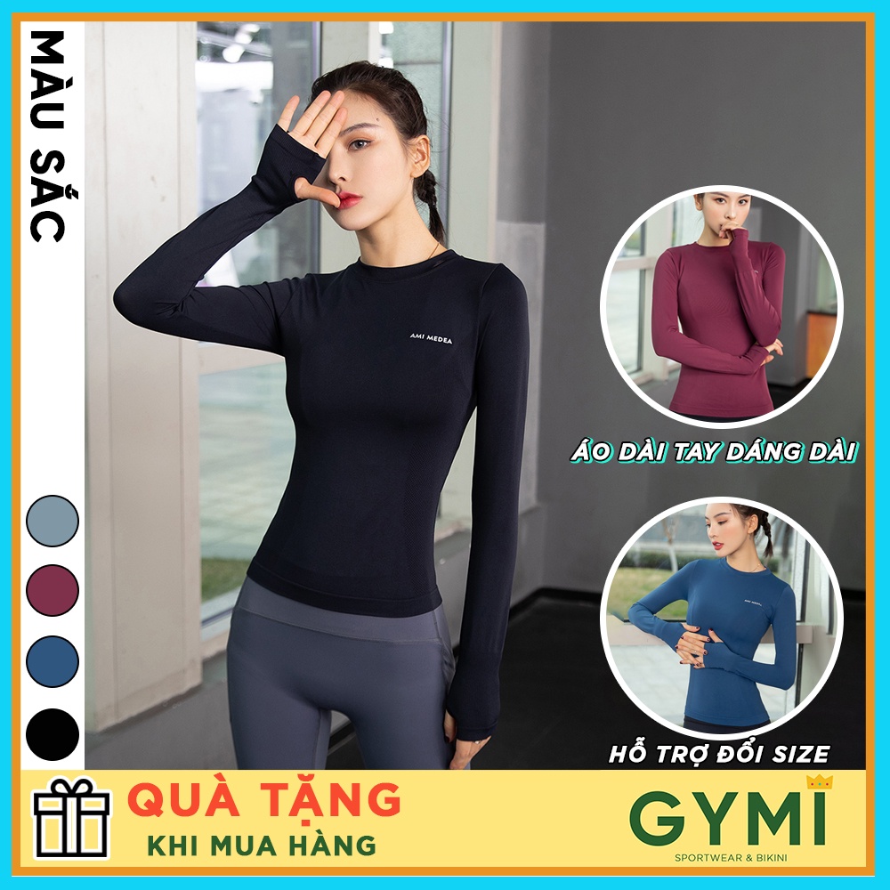 Áo tập gym yoga nữ dài tay GYMI AD02 dáng dài phủ bụng Ami Meadea chất dệt kim co giãn