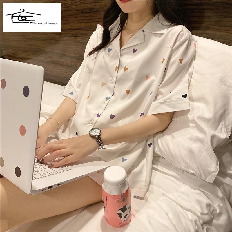 Bộ Đồ Ngủ Hai Mảnh Dáng Rộng In Họa Tiết Trái Tim Nhiều Màu Sắc Phong Cách Hàn Quốc Thời Trang Mùa Hè Cho Nữ
