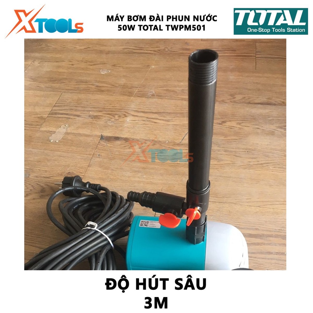 MÁY BƠM ĐÀI PHUN NƯỚC TOTAL TWPM501 Máy bơm nước hồ cá Công suất 50W Chiều cao bơm 2M Lưu lượng1500L / H Độ hút sâu 3m