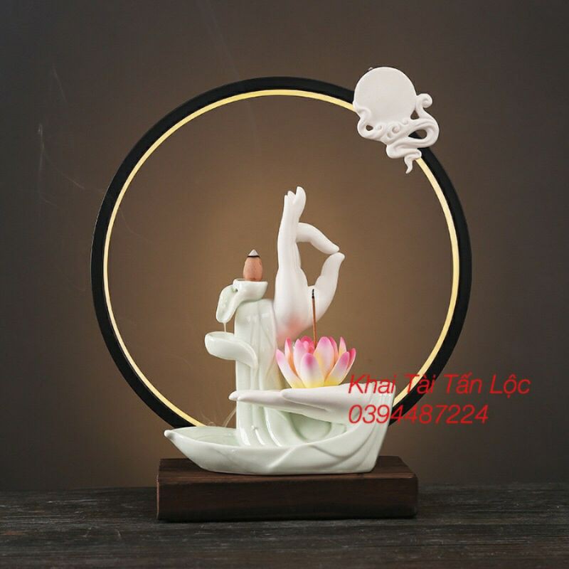 Thác khói trầm tay Phật hoa sen gốm có đế đèn led tặng 10 nụ trầm sạch
