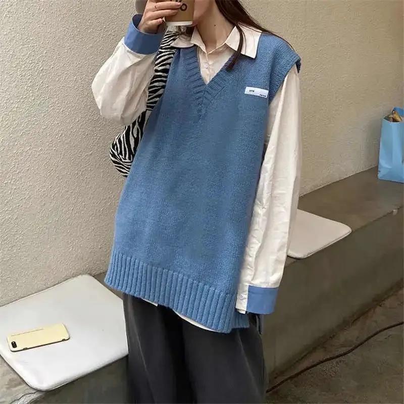 Áo sweater không tay cổ chữ V dáng rộng năng động thời trang phong cách Nhật Hàn