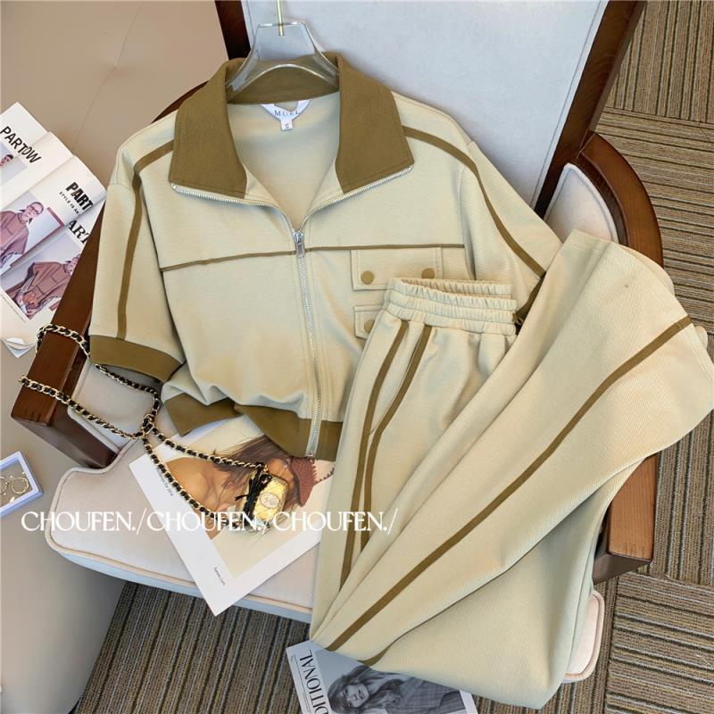 Large size fat mm casual fashion Polo collar T-shirt suit female Xia spliced two-piece pair of short-sleeved wide-legged trousers