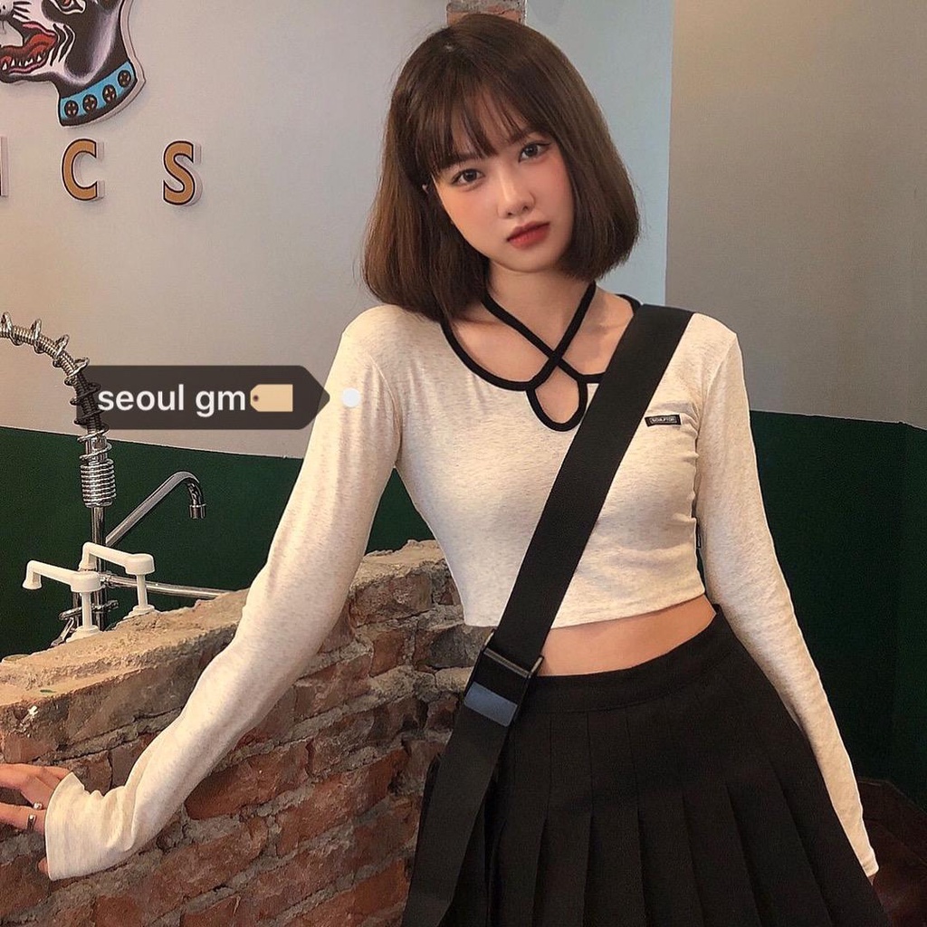 Áo thun nữ tay dài buộc dây màu xám
