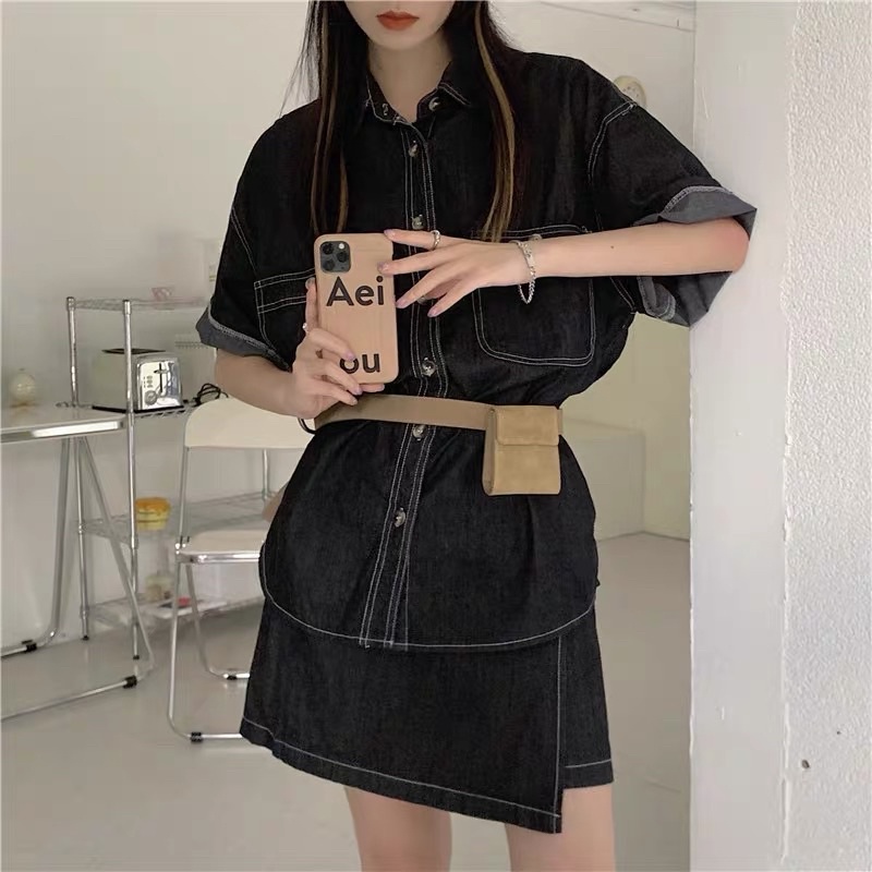 👾 Set Jeans 2 món áo sơmi có túi tay lửng + chân váy vạt chéo vừa chất dày dặn thiết kế chất ngầu màu đen.