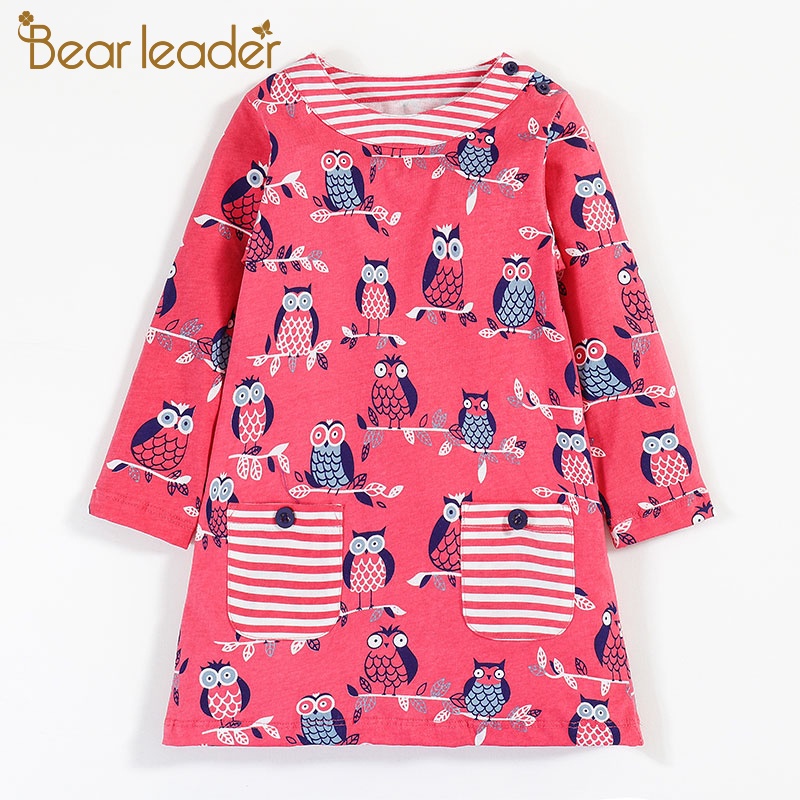 BEAR LEADER Đầm Tay Dài In Họa Tiết Xinh Xắn Thời Trang Mùa Xuân Cho Bé Gái 2-6 Tuổi