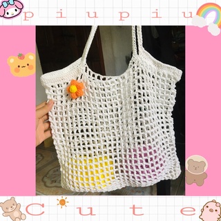 Túi tote lưới handmade, tặng pin cài hình bông hoa cute