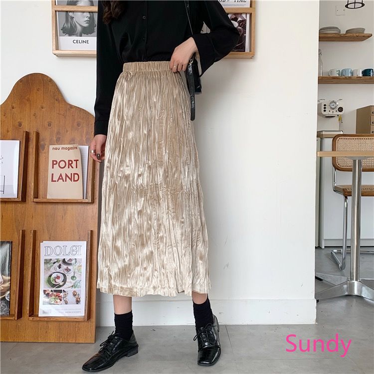 Chân Váy Nhung Dài Dáng Chữ A Xếp Ly Kiểu Retro Thời Trang Thu Đông Cho Nữ