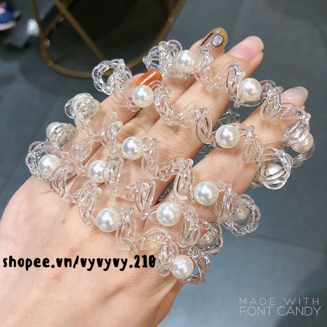 Cột Tóc Lò Xo Trong Suốt Đính Hạt Trai Style Hàn Quốc Đơn Giản, Xinh Xắn