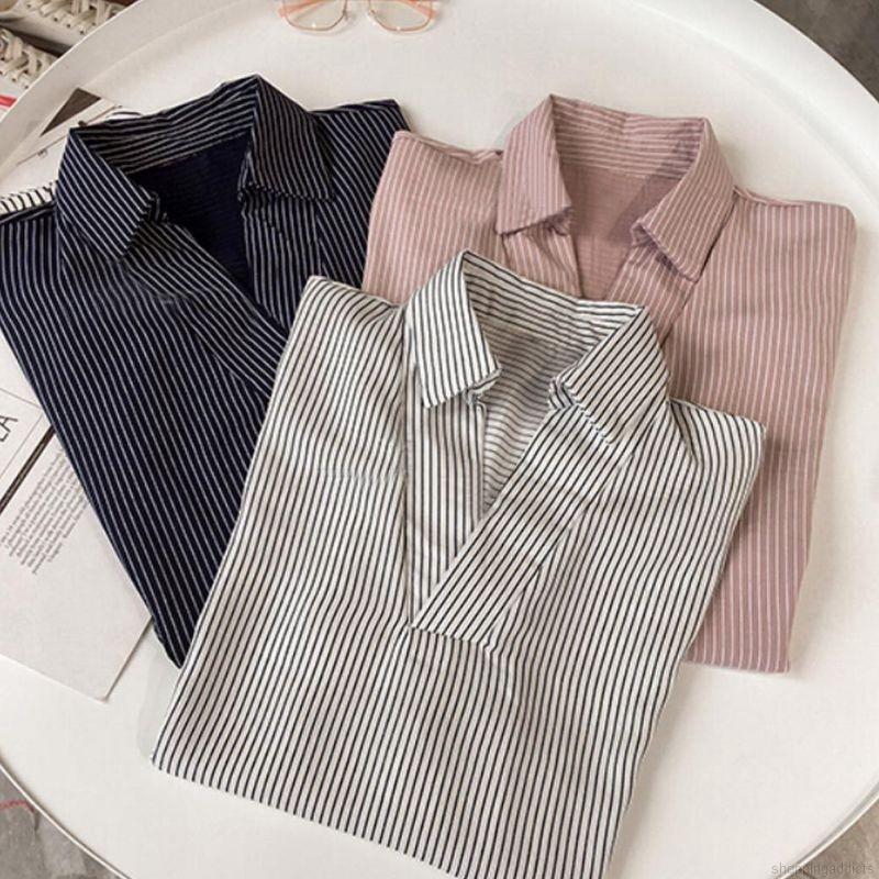 Áo cổ chữ V tay lửng hoạ tiết kẻ sọc vải chiffon dành cho nữ | BigBuy360 - bigbuy360.vn