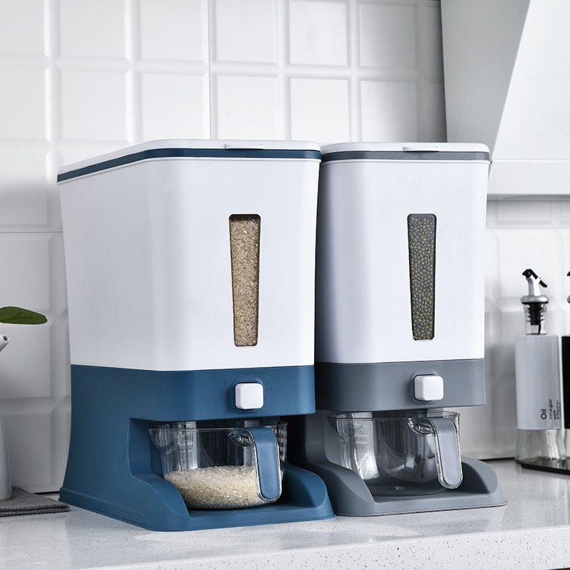 (Cao cấp) Thùng đựng gạo thông minh 12kg 3 trong 1 hình chữ nhật kèm cốc vo gạo tự động ra gạo chống ẩm mốc côn trùng