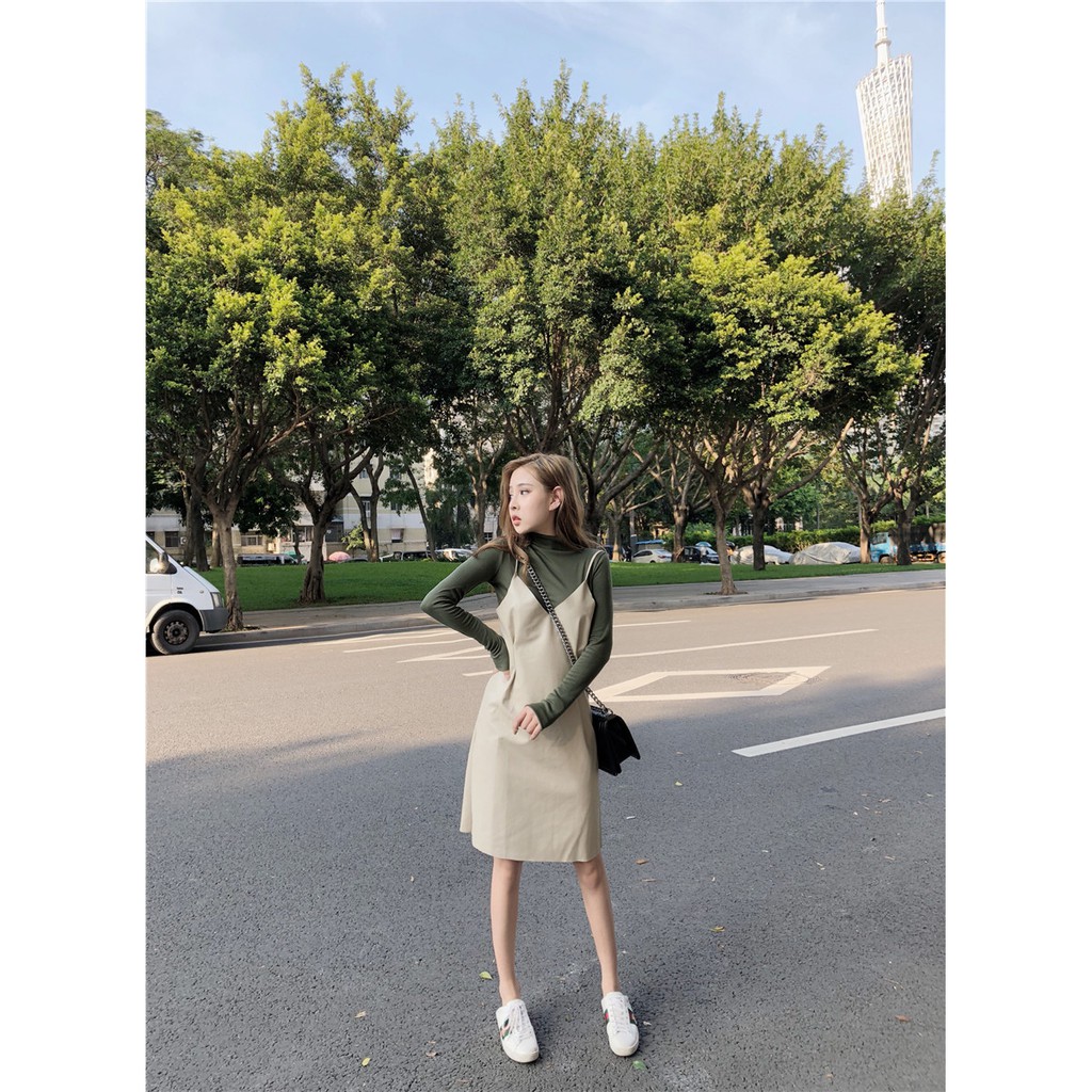 IELGY Áo Thun Tay Dài Cổ Cao Màu Sắc Đơn Giản