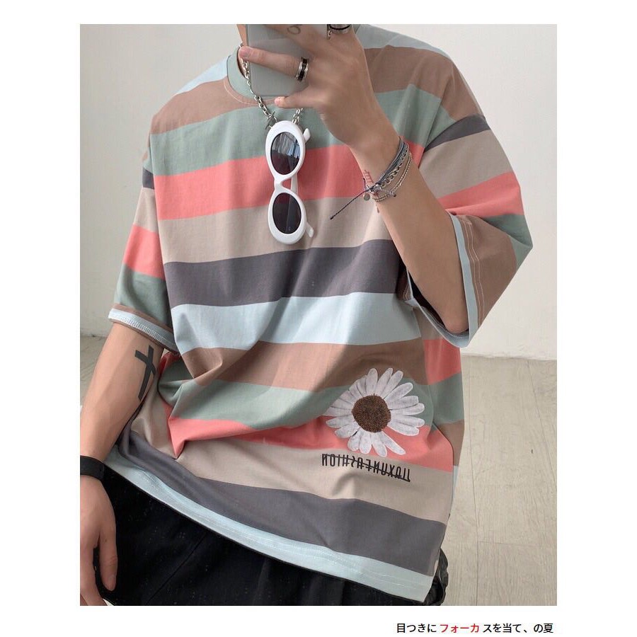 Áo thun unisex kẻ sọc ngang nhiều màu phối hoa cúc