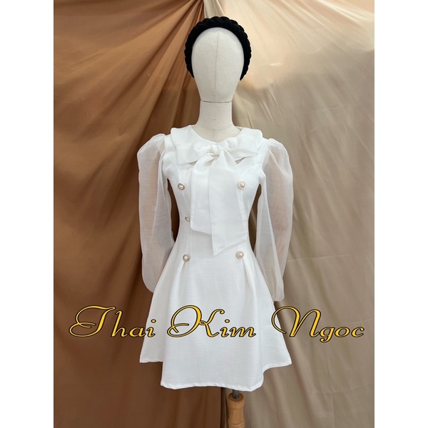 Đầm dự tiệc nơ cổ dài tay xinh xẻo | BigBuy360 - bigbuy360.vn