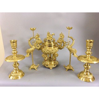 Bộ lư đỉnh thờ bằng đồng F34, đỉnh hạc nến tam sự ngũ sự cao 34 cm, lư hương chân đèn Hạc bằng đồng.