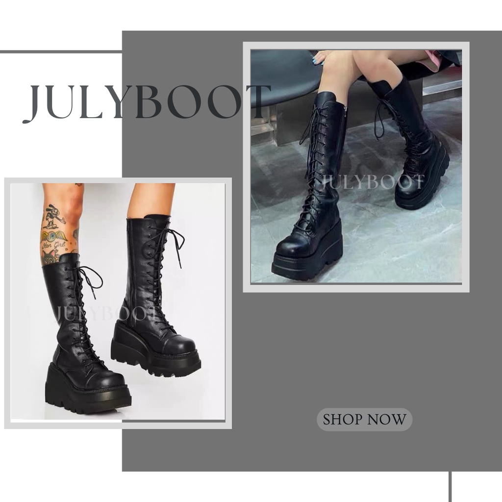 (SẴN) (có hộp) Boots Đan Dây Cổ Cao Đế Bánh Mì 10 cm Có Khoá Kéo (ảnh thật)