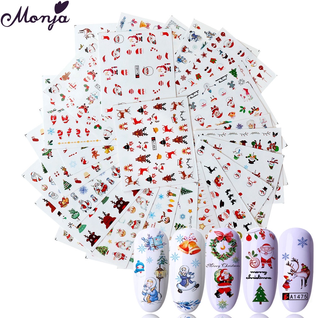 [Hàng mới về] Bộ 24 miếng dán trang trí móng tay hoạ tiết bông tuyết tuần lộc người tuyết phong cách Giáng Sinh MONJA