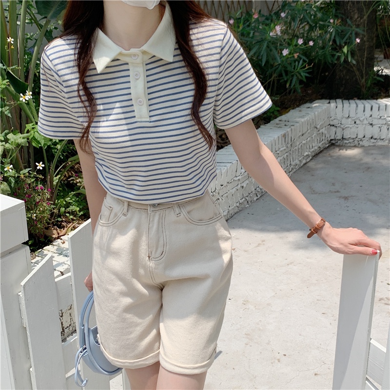 Áo polo nữ SUXI tay ngắn kẻ sọc đơn giản thời trang mùa hè