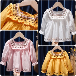 Áo Sơ Mi Dài Tay Bé Gái Dáng Baby Doll Chữ A Rất Xinh, Cổ Thêu Hoa Nhí Sang Chảnh Đi Học, Đi Chơi Đều ĐẸP!