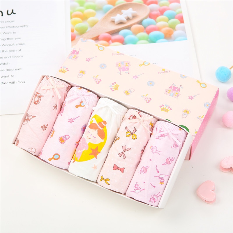 Bộ 5 Quần Lót Cotton Màu Trơn In Họa Tiết Hoạt Hình Cho Bé Gái 2-13 Tuổi