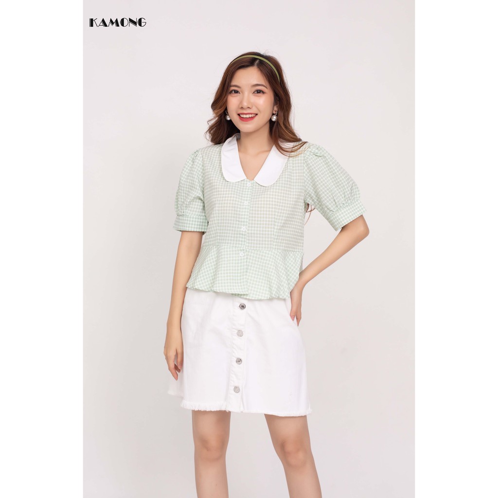 Áo kiểu croptop caro cổ sen KAMONG A046