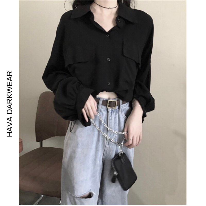 Áo sơ mi croptop màu đen HAVADW có dây rút eo 2 túi ngực form suông cá tính chất lanh mềm mát ASM70