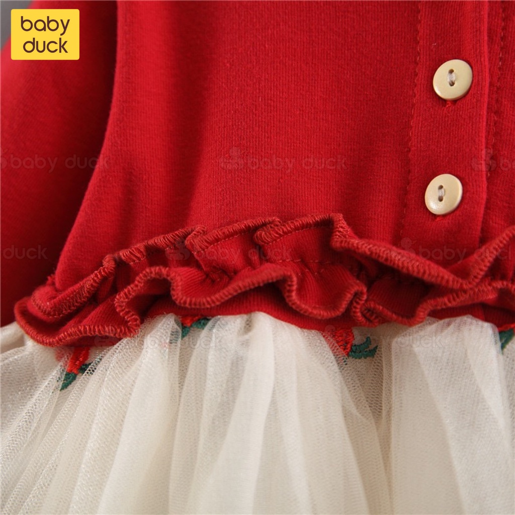 Váy ren xòe dài tay họa tiết dứa đỏ siêu đẹp cho bé gái 0-3 tuổi mặc mùa thu đông