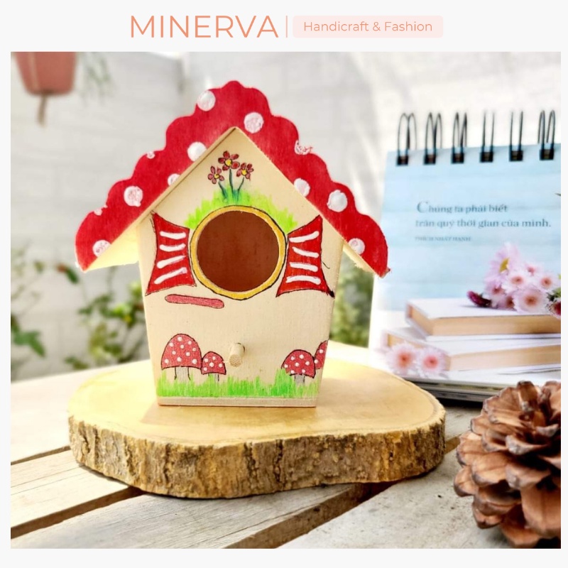 Ngôi nhà gỗ tổ chim trang trí handmade trang trí ban công, bàn làm việc, làm quà tặng