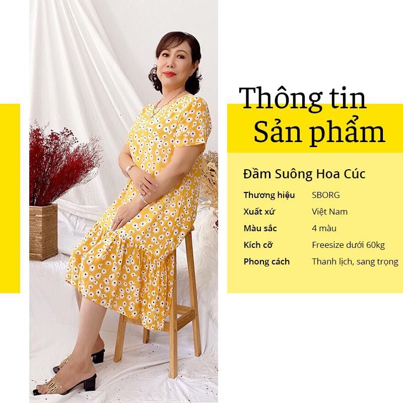 Đầm trung niên SBORG đầm voan hoa cúc dáng suông sang trọng thoải mái bigsize dưới 60kg quà tặng mẹ