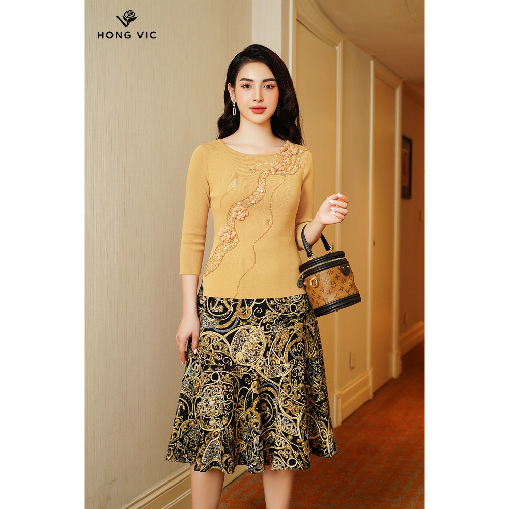 Áo nữ thiết kế Hongvic len vàng kem xẻ tà AL16