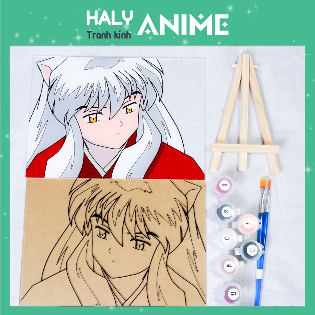 Tranh kính anime InuYasha, theo yêu cầu, glass painting kit dễ thương, màu acrylic 3D khó phai.