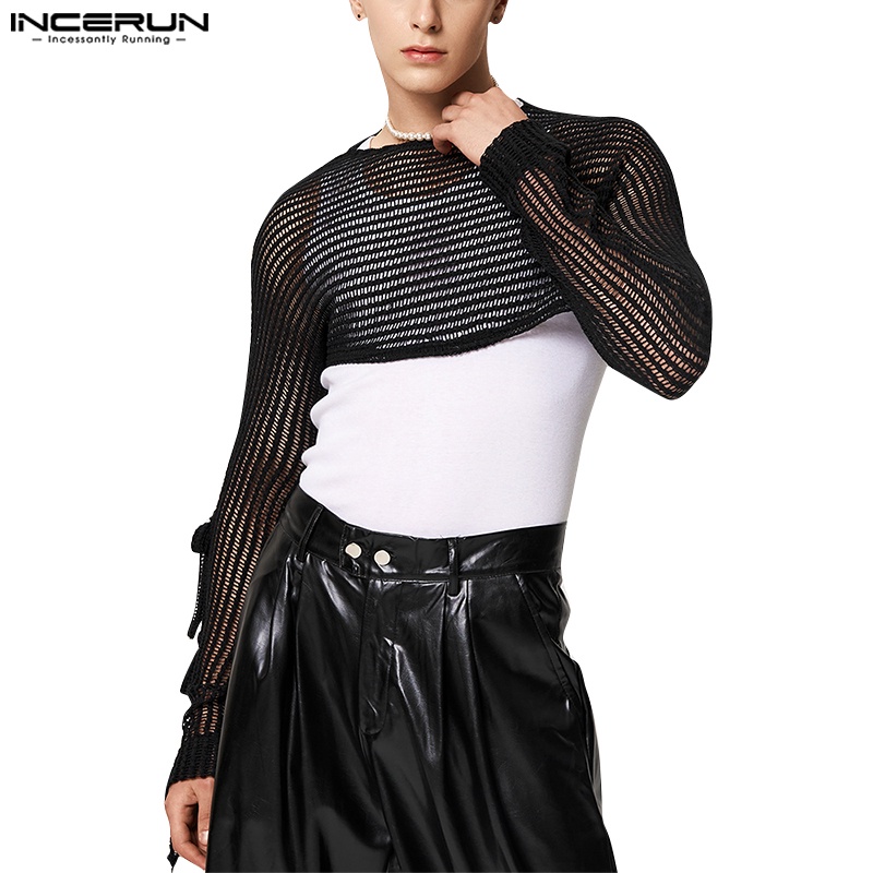 Áo thun lưới INCERUN tay dài thắt nơ bướm gợi cảm cho nam