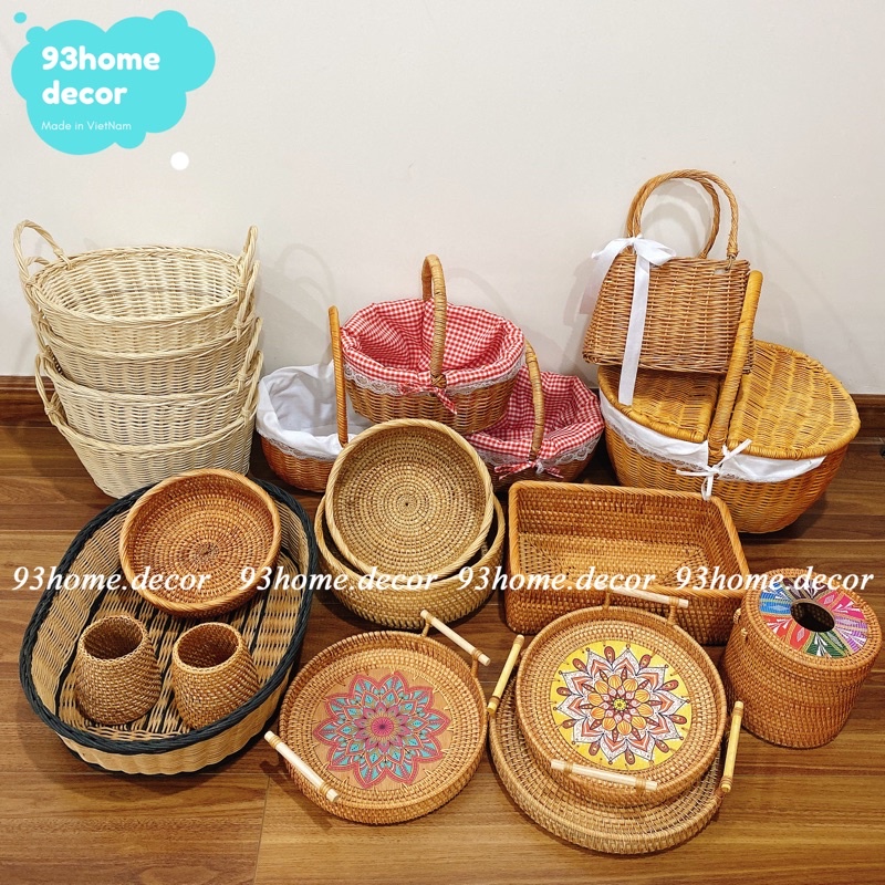 Các mẫu giỏ mây hình chữ nhật/ tròn đa năng, khay mây đựng đồ dùng quần áo hoa quả