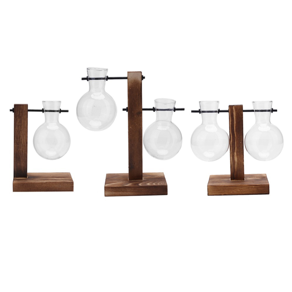 Chậu trồng cây thủy tinh kèm khung gỗ để bàn trang trí nhà cửa