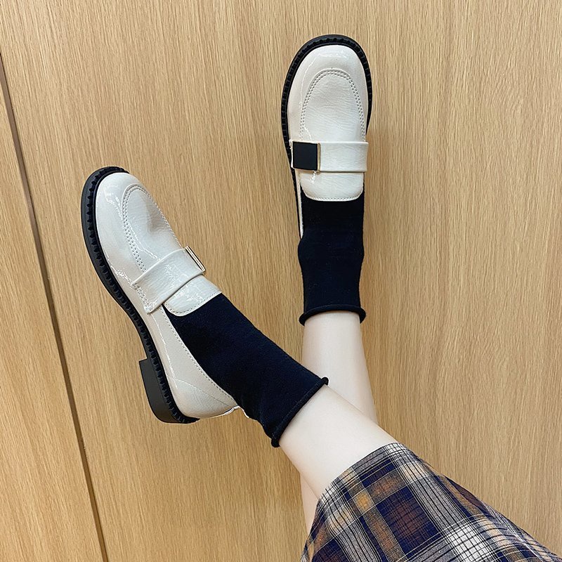 Giày Oxford Da Bóng Đế Dày Phối Khóa Kim Loại Màu Trơn Phong Cách Retro Cho Nữ