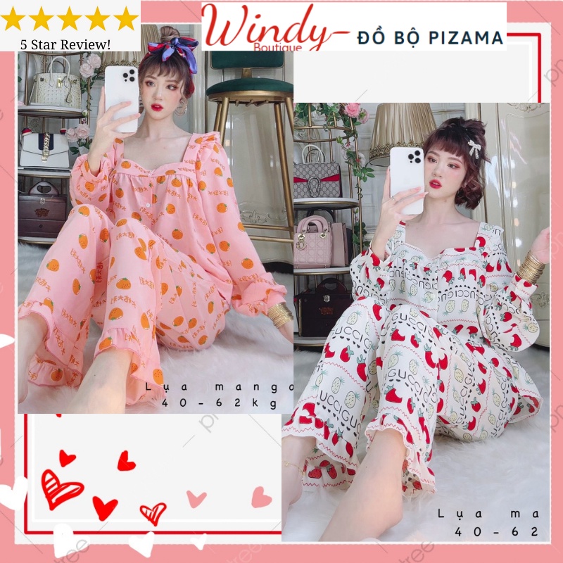 Đồ bộ dài tay cổ vuông pyjama lụa mango loại 1 cao cấp dễ thương giá rẻ freesize dưới 62kg WINDY BOUTIQUE