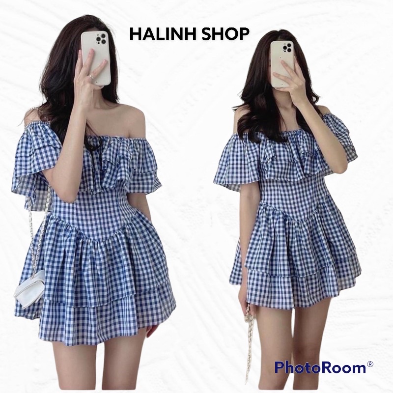 Váy Đầm Nữ Kẻ Caro Xanh - Halinh Shop - Váy Trễ Vai Bèo 2 Tầng Caro Xanh Có Lót Quần Trong Đủ size S M