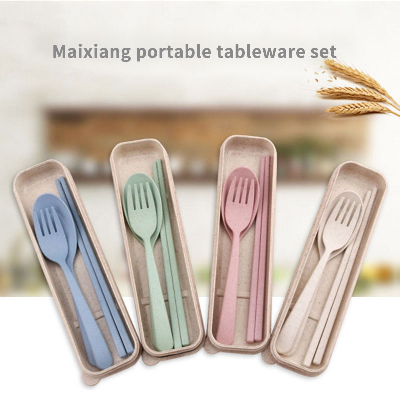 Bộ 3 dụng cụ ăn HOUSEEKER chất liệu lúa mạch kèm hộp đựng tiện dụng cao cấp